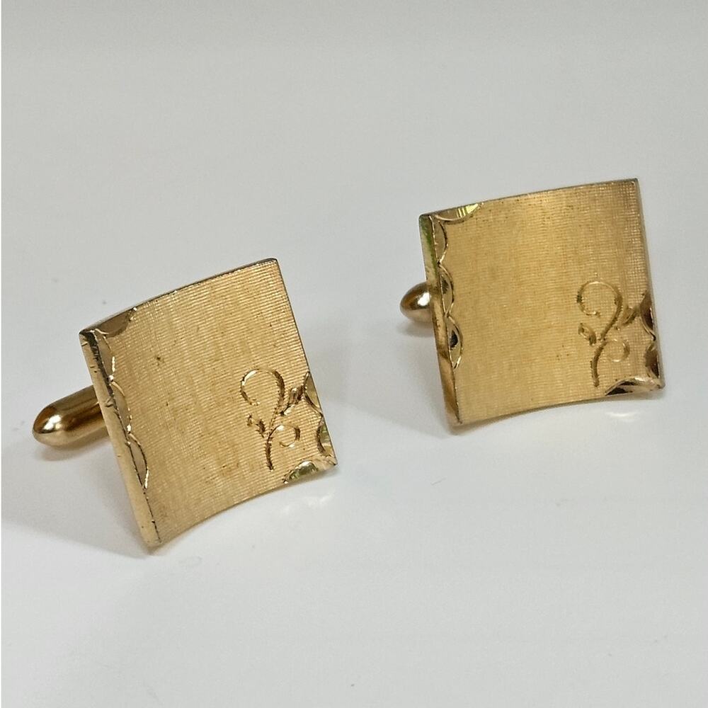 Vintage MCM Swank Engraved Square Gold Tone Cufflinks | 1960s Quiet Luxury
